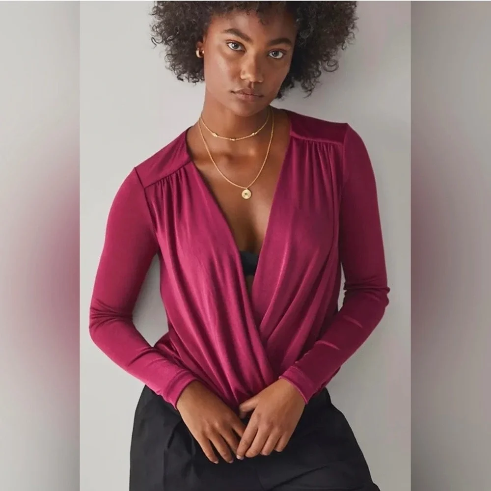 Free People Turnt Bodysuit Maroon Plunging‎ V-Neck Long Sleeve Draped Wrap Top S